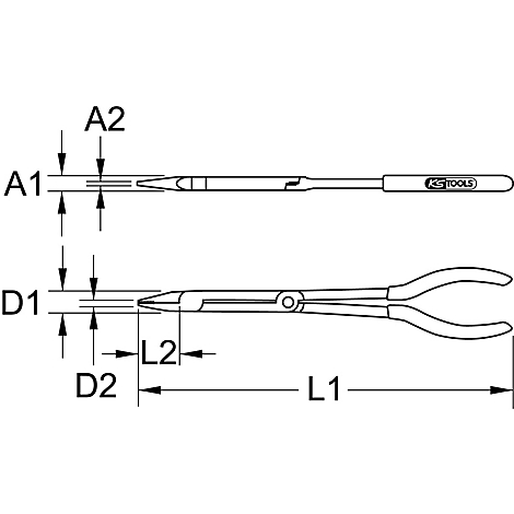 Zwei Zangen auf weißem Hintergrund: oben eine Spitzzange mit KS TOOLS Logo, unten eine Sprengringzange mit Maßen.